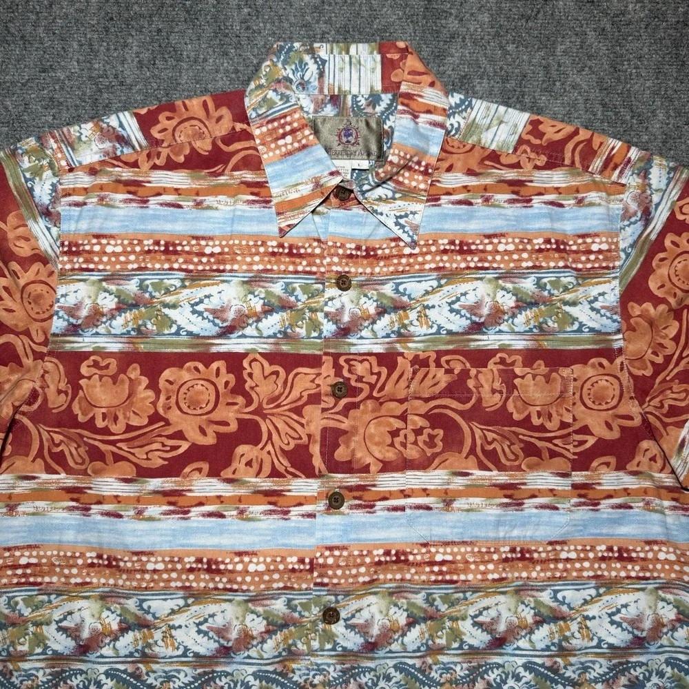 The Territory Ahead Button Up Orange Tribal Floral Pattern Short Sleeve Sz Large